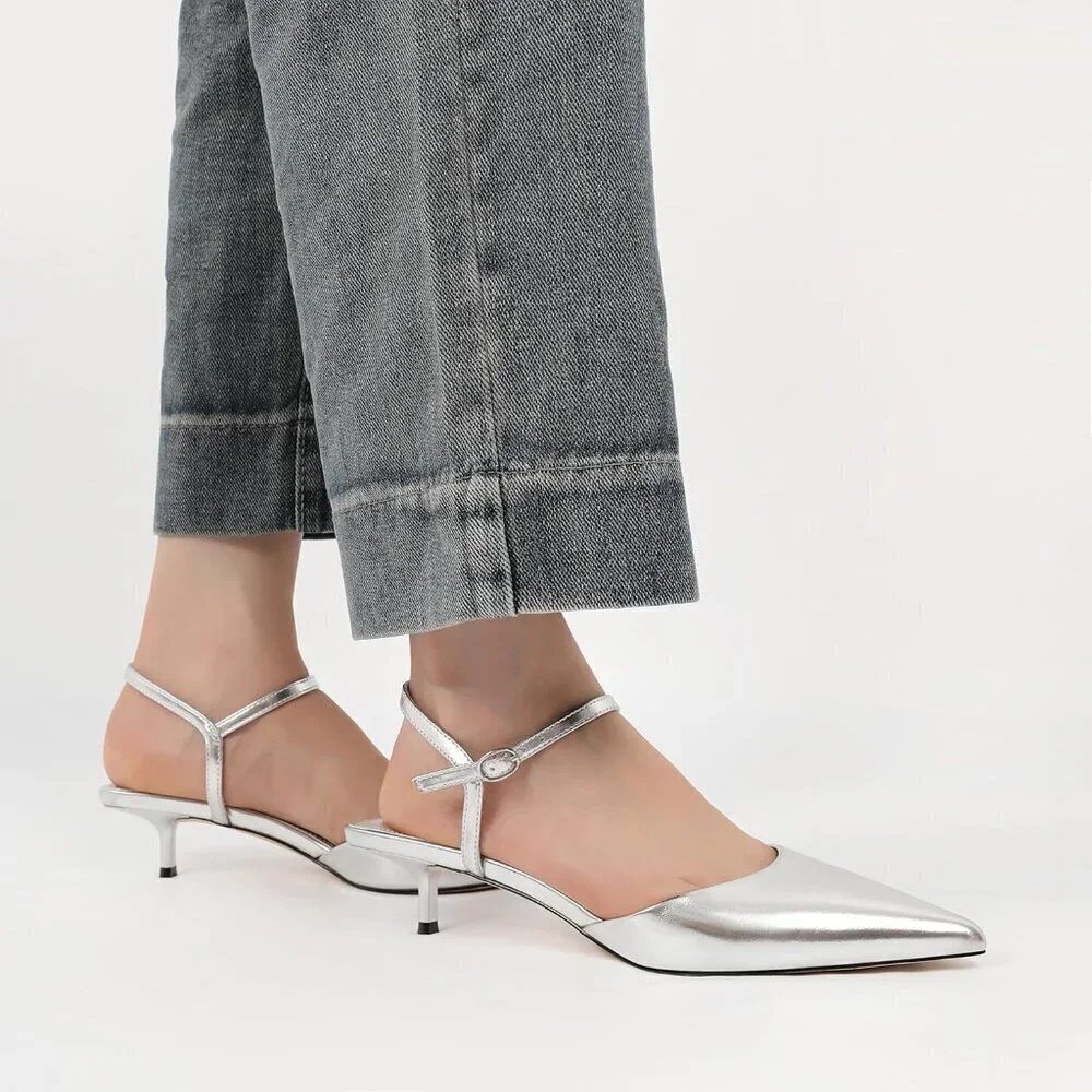 Kitten Heels for Women Pointed Toe Ankle Strap Low Heel Pumps Shoes Dressy 1.5